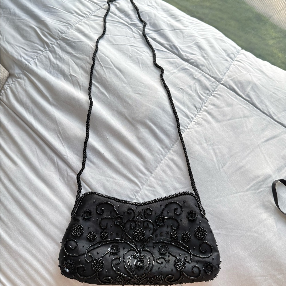 Valerie Stevens Black Crossbody Bag with Beaded Design